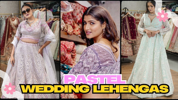 Behind the scenes of pastel wedding lehengas showcased by a model at JMS Studio