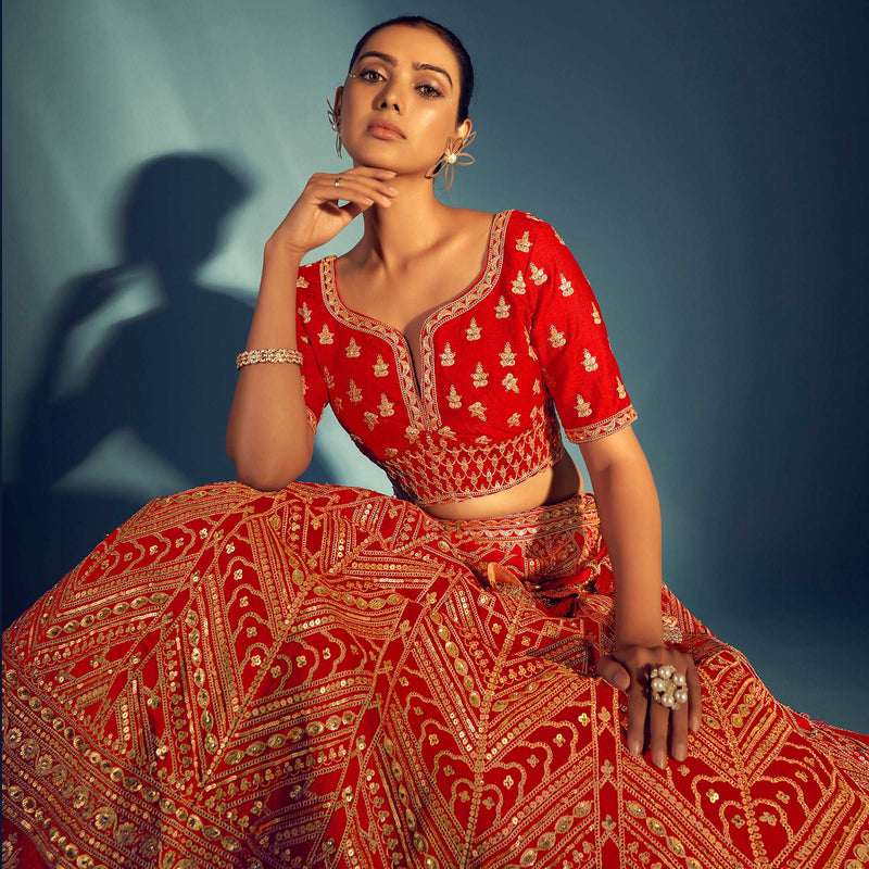 Dulhan in Red Lehenga Elegance: Celebrity-Inspired Royal Baggi Collection JMS Studio {{ Royal Red Bridal Lehenga}}
