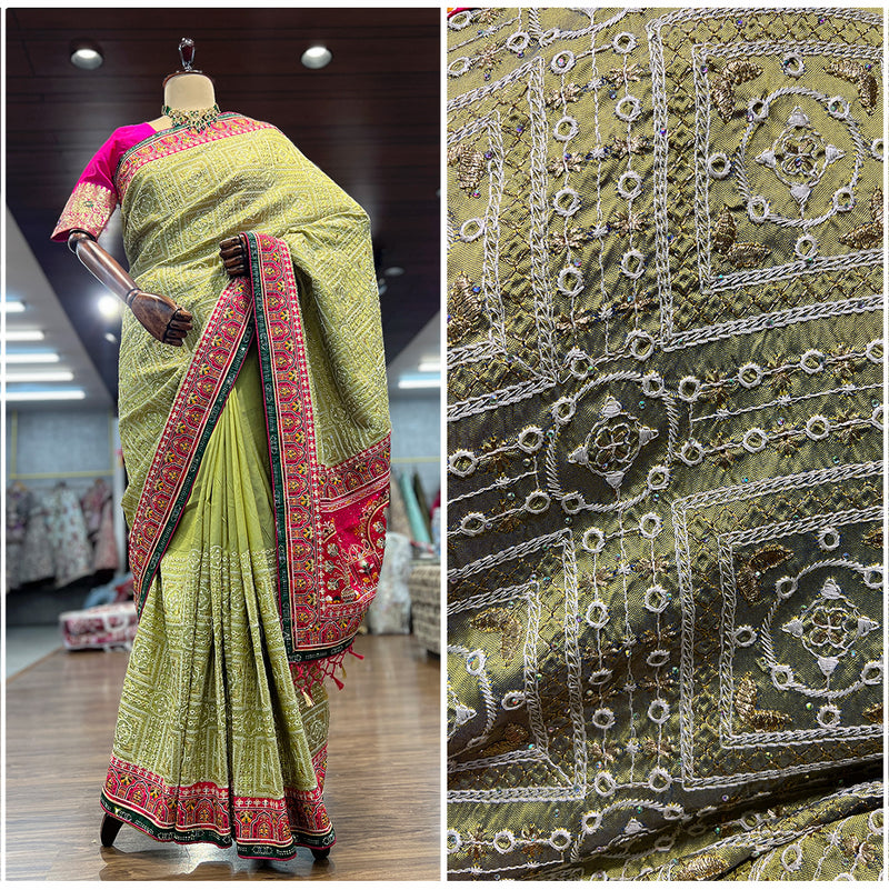 JMS_Studio Gharchola Series Pista Green Resham Work Wedding Saree - JMS Studio