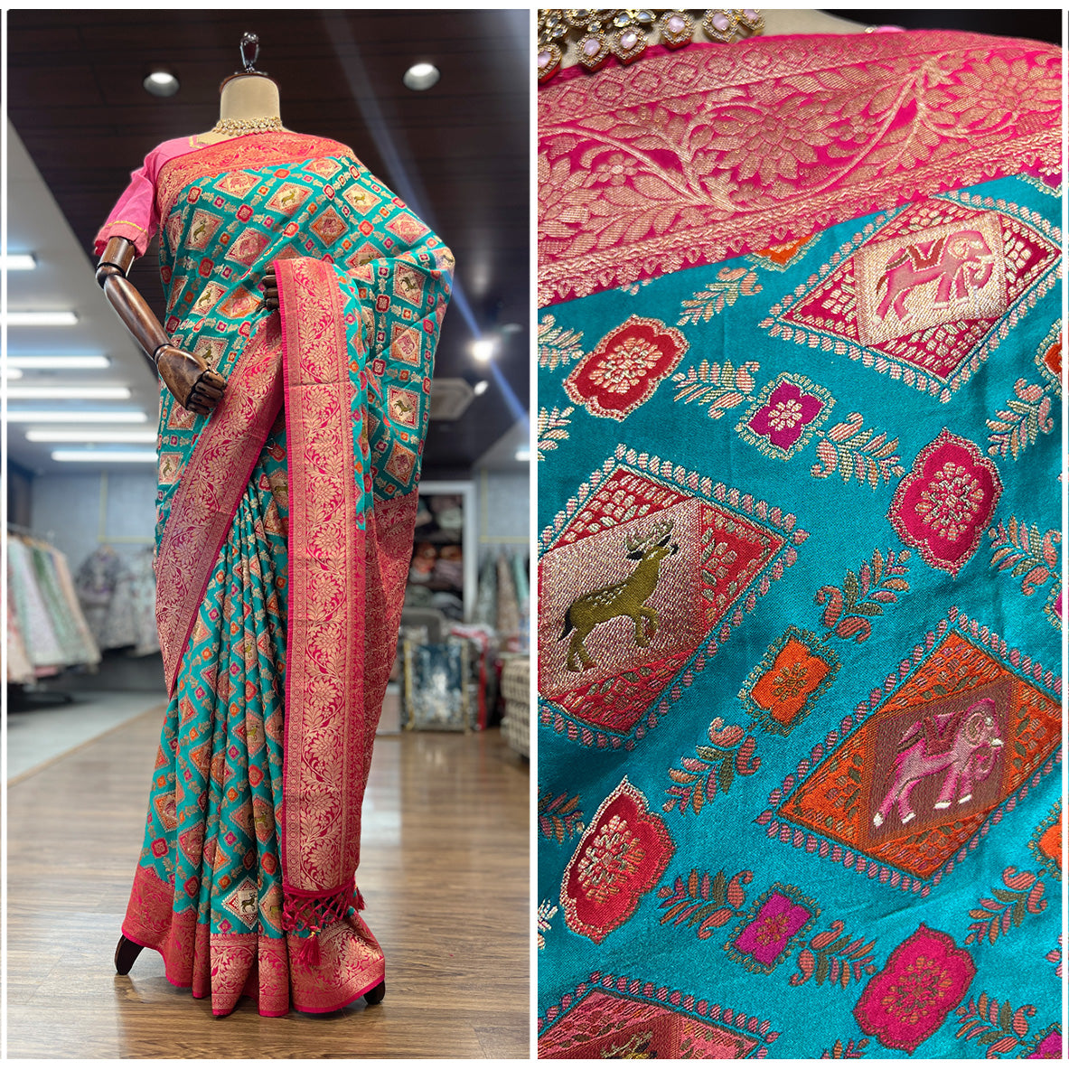 JMS_Studio Satin Viscose Silk Saree Featuring Placement Prints - JMS Studio