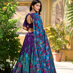 Doli - Kalamkari Print with Foil Work Border Purple Lehenga Choli Set - JMS Studio
