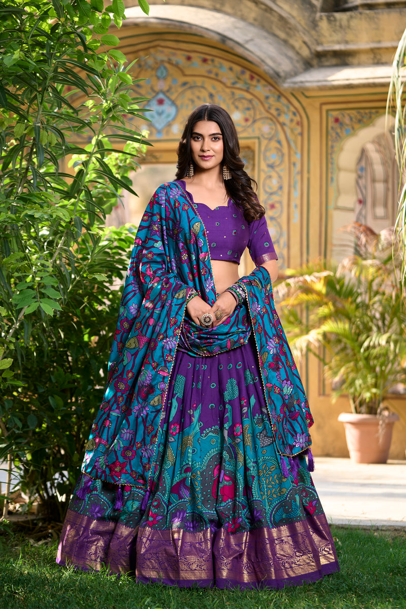 Doli - Kalamkari Print with Foil Work Border Purple Lehenga Choli Set - JMS Studio
