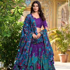 Doli - Kalamkari Print with Foil Work Border Purple Lehenga Choli Set - JMS Studio