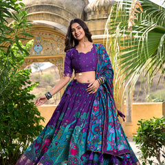 Doli - Kalamkari Print with Foil Work Border Purple Lehenga Choli Set - JMS Studio