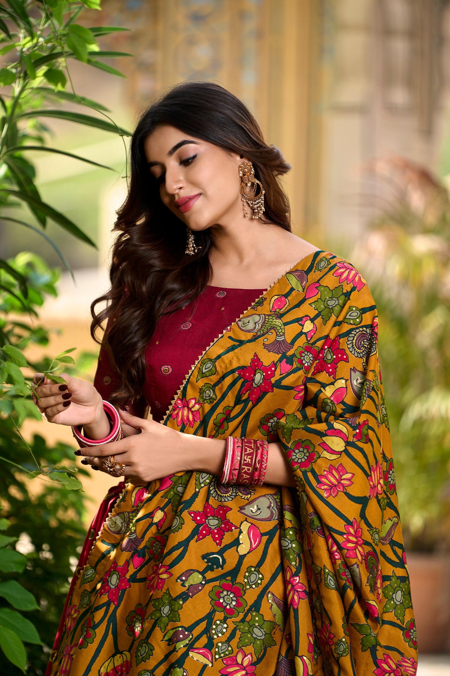 Doli - Kalamkari Print with Foil Work Border Red Lehenga Choli Set - JMS Studio