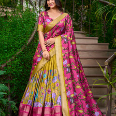 Doli - Kalamkari Dola Silk Charm Yellow Pink Lehenga Choli Set - JMS Studio