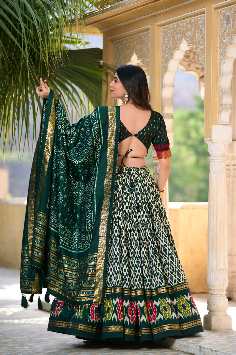 Doli - Tussar Silk Ikkat Print with Foil Work Green Lehenga Choli Set - JMS Studio