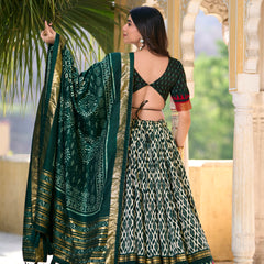 Doli - Tussar Silk Ikkat Print with Foil Work Green Lehenga Choli Set - JMS Studio