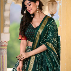 Doli - Tussar Silk Ikkat Print with Foil Work Green Lehenga Choli Set - JMS Studio