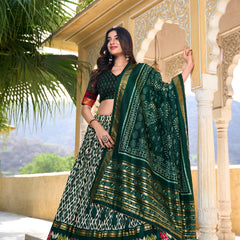 Doli - Tussar Silk Ikkat Print with Foil Work Green Lehenga Choli Set - JMS Studio