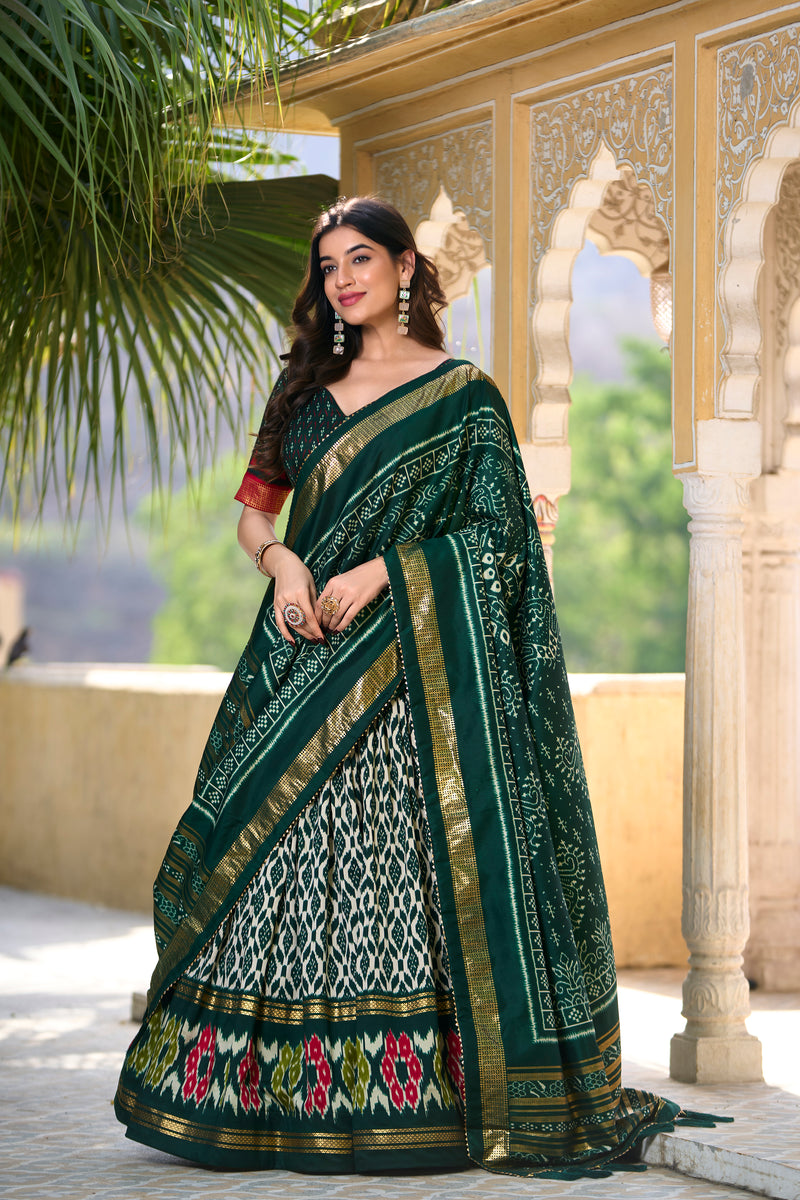 Doli - Tussar Silk Ikkat Print with Foil Work Green Lehenga Choli Set - JMS Studio