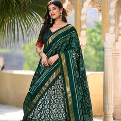 Doli - Tussar Silk Ikkat Print with Foil Work Green Lehenga Choli Set - JMS Studio