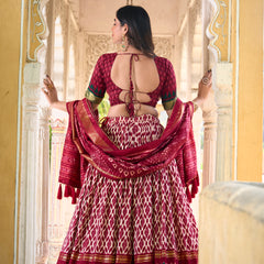 Doli - Tussar Silk Ikkat Print with Foil Work Maroon Lehenga Choli Set - JMS Studio