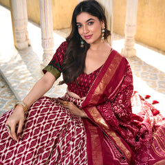 Doli - Tussar Silk Ikkat Print with Foil Work Maroon Lehenga Choli Set - JMS Studio