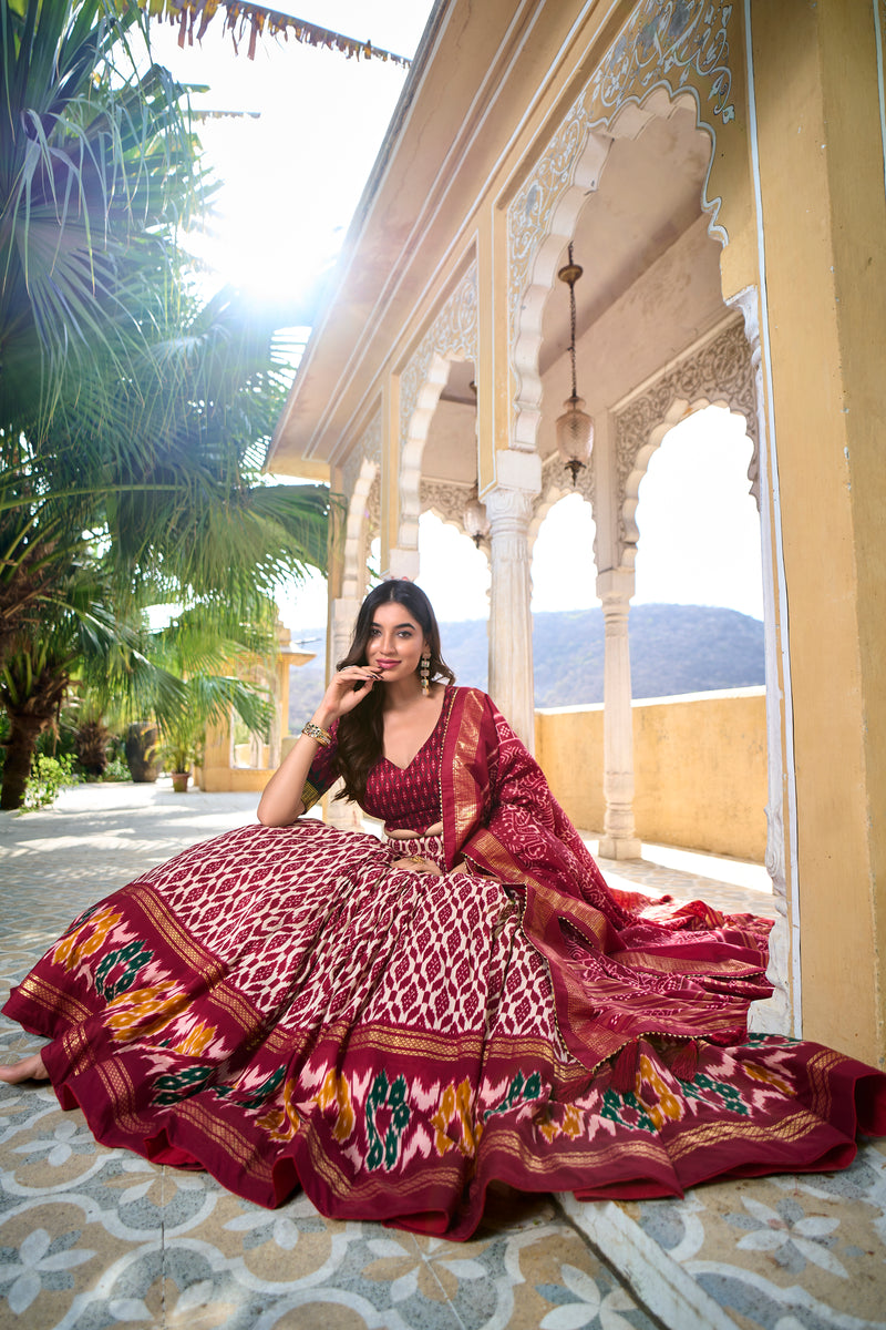 Doli - Tussar Silk Ikkat Print with Foil Work Maroon Lehenga Choli Set - JMS Studio