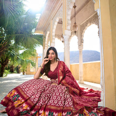 Doli - Tussar Silk Ikkat Print with Foil Work Maroon Lehenga Choli Set - JMS Studio