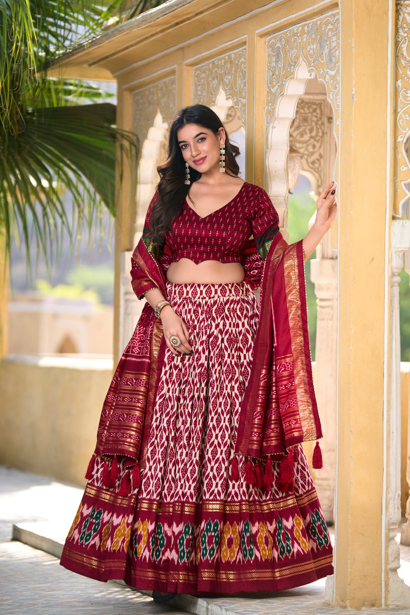 Doli - Tussar Silk Ikkat Print with Foil Work Maroon Lehenga Choli Set - JMS Studio
