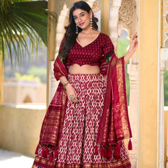 Doli - Tussar Silk Ikkat Print with Foil Work Maroon Lehenga Choli Set - JMS Studio