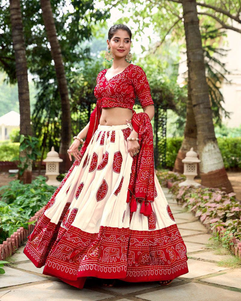 Doli - Tussar Silk Bandhej Print Red Lehenga Choli Set - JMS Studio