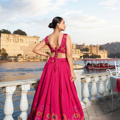 Doli - Tussar Silk Floral Print with Foil Work Pink Lehenga Choli Set - JMS Studio