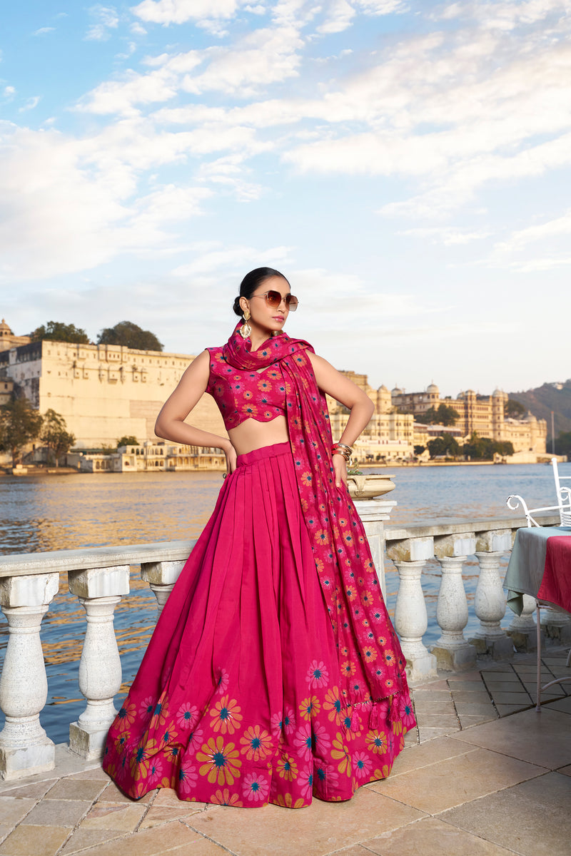 Doli - Tussar Silk Floral Print with Foil Work Pink Lehenga Choli Set - JMS Studio