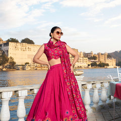 Doli - Tussar Silk Floral Print with Foil Work Pink Lehenga Choli Set - JMS Studio