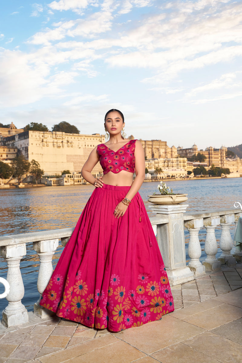 Doli - Tussar Silk Floral Print with Foil Work Pink Lehenga Choli Set - JMS Studio
