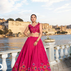 Doli - Tussar Silk Floral Print with Foil Work Pink Lehenga Choli Set - JMS Studio
