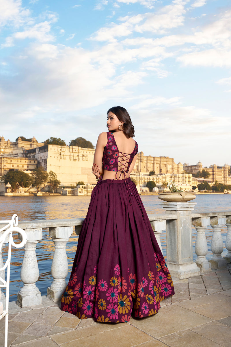 Doli - Tussar Silk Floral Print with Foil Work Wine Lehenga Choli Set - JMS Studio