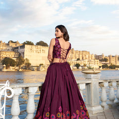 Doli - Tussar Silk Floral Print with Foil Work Wine Lehenga Choli Set - JMS Studio