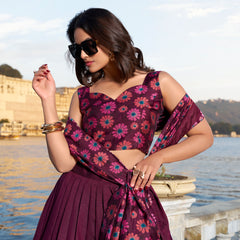 Doli - Tussar Silk Floral Print with Foil Work Wine Lehenga Choli Set - JMS Studio