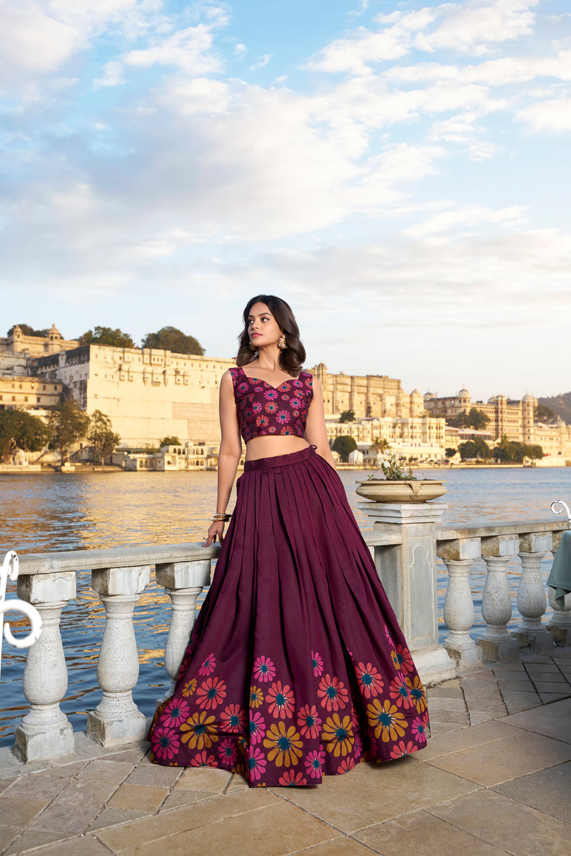 Doli - Tussar Silk Floral Print with Foil Work Wine Lehenga Choli Set - JMS Studio