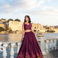 Doli - Tussar Silk Floral Print with Foil Work Wine Lehenga Choli Set - JMS Studio