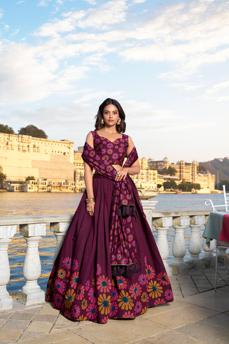 Doli - Tussar Silk Floral Print with Foil Work Wine Lehenga Choli Set - JMS Studio