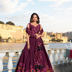 Doli - Tussar Silk Floral Print with Foil Work Wine Lehenga Choli Set - JMS Studio