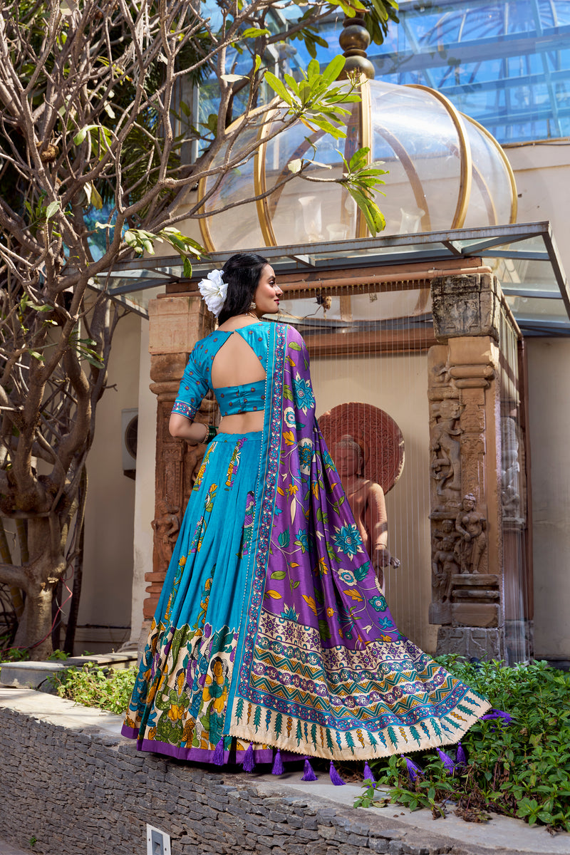 Doli - Tussar Silk Kalamkari with Foil Work Ferozi Lehenga Choli Set - JMS Studio
