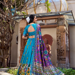 Doli - Tussar Silk Kalamkari with Foil Work Ferozi Lehenga Choli Set - JMS Studio