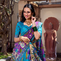 Doli - Tussar Silk Kalamkari with Foil Work Ferozi Lehenga Choli Set - JMS Studio
