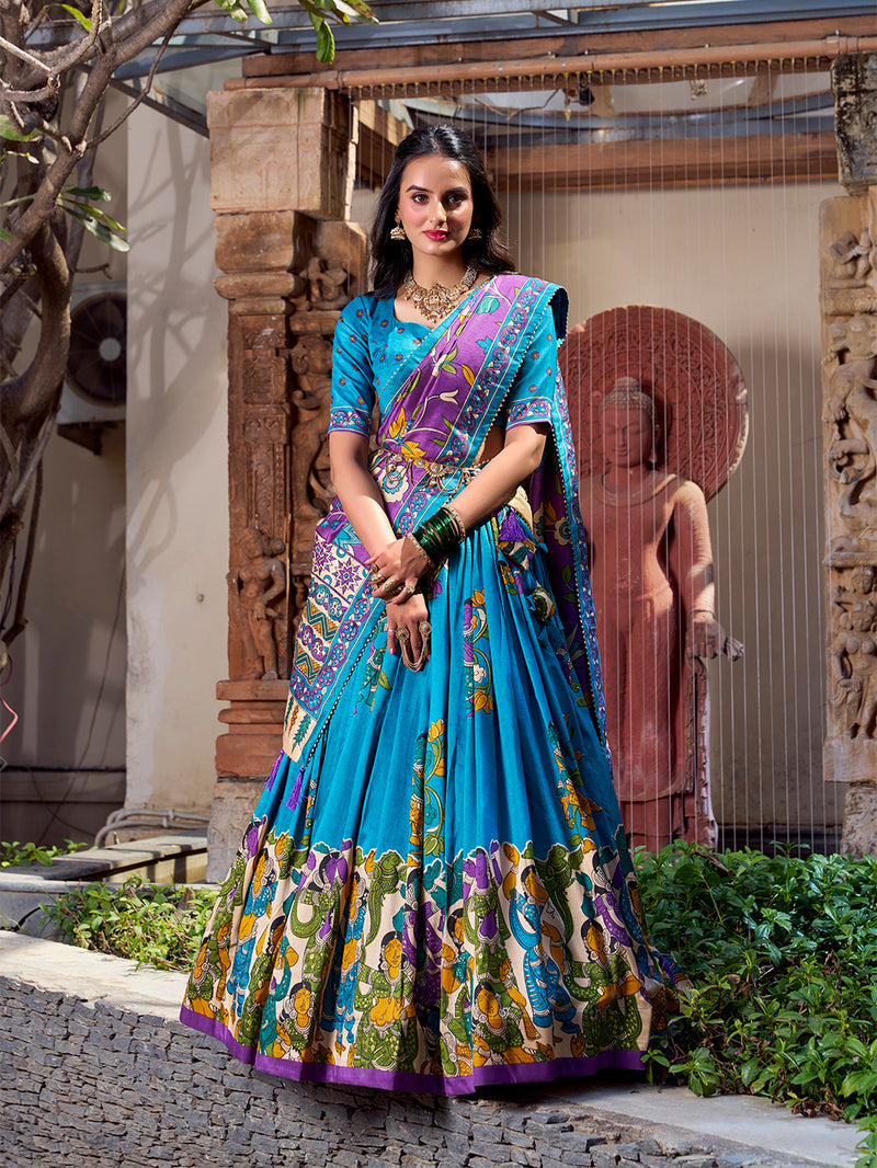 Doli - Tussar Silk Kalamkari with Foil Work Ferozi Lehenga Choli Set - JMS Studio
