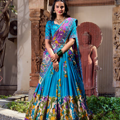 Doli - Tussar Silk Kalamkari with Foil Work Ferozi Lehenga Choli Set - JMS Studio