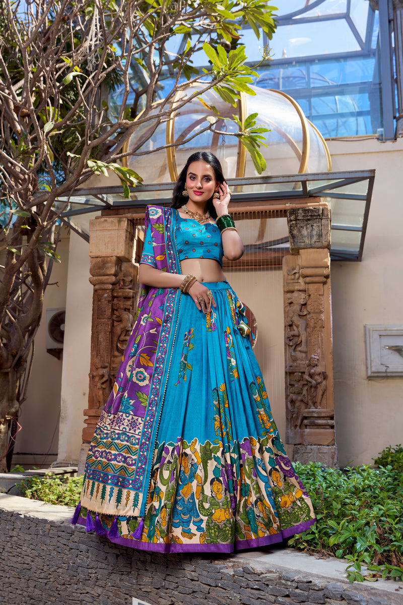 Doli - Tussar Silk Kalamkari with Foil Work Ferozi Lehenga Choli Set - JMS Studio