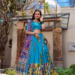 Doli - Tussar Silk Kalamkari with Foil Work Ferozi Lehenga Choli Set - JMS Studio