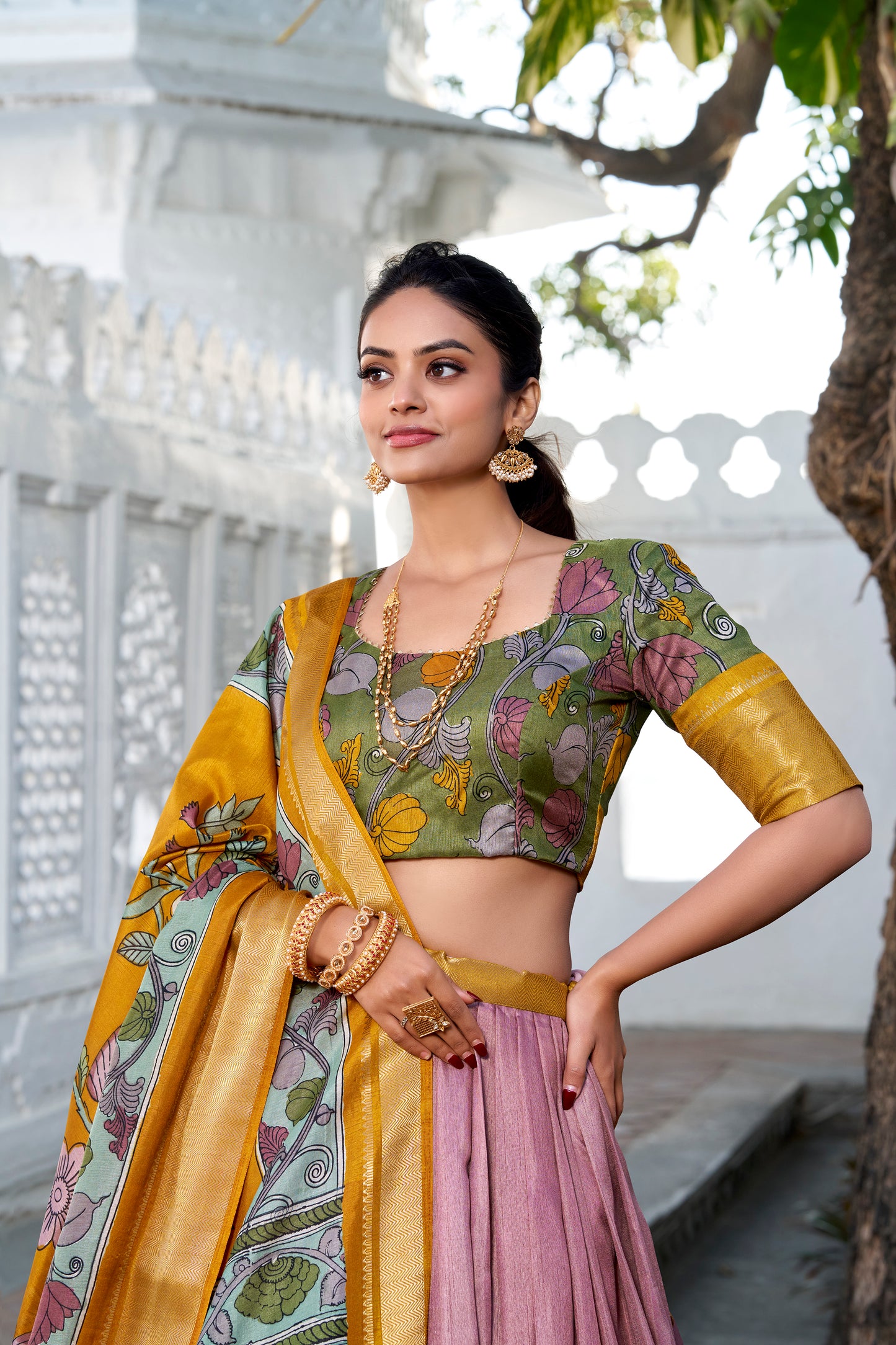 Doli - Kalamkari Print Dola Silk Onion Pink Multicolor Lehenga Set