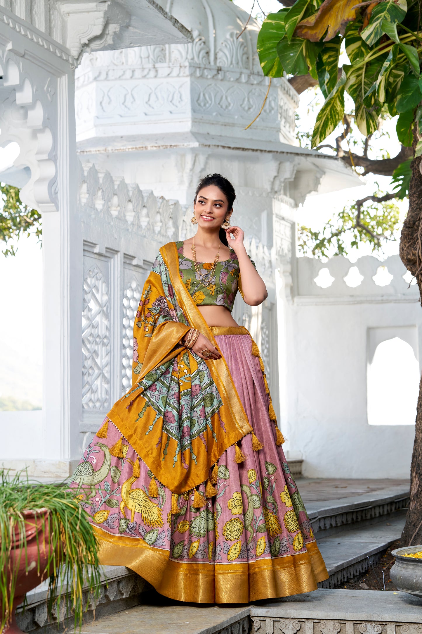 Doli - Kalamkari Print Dola Silk Onion Pink Multicolor Lehenga Set