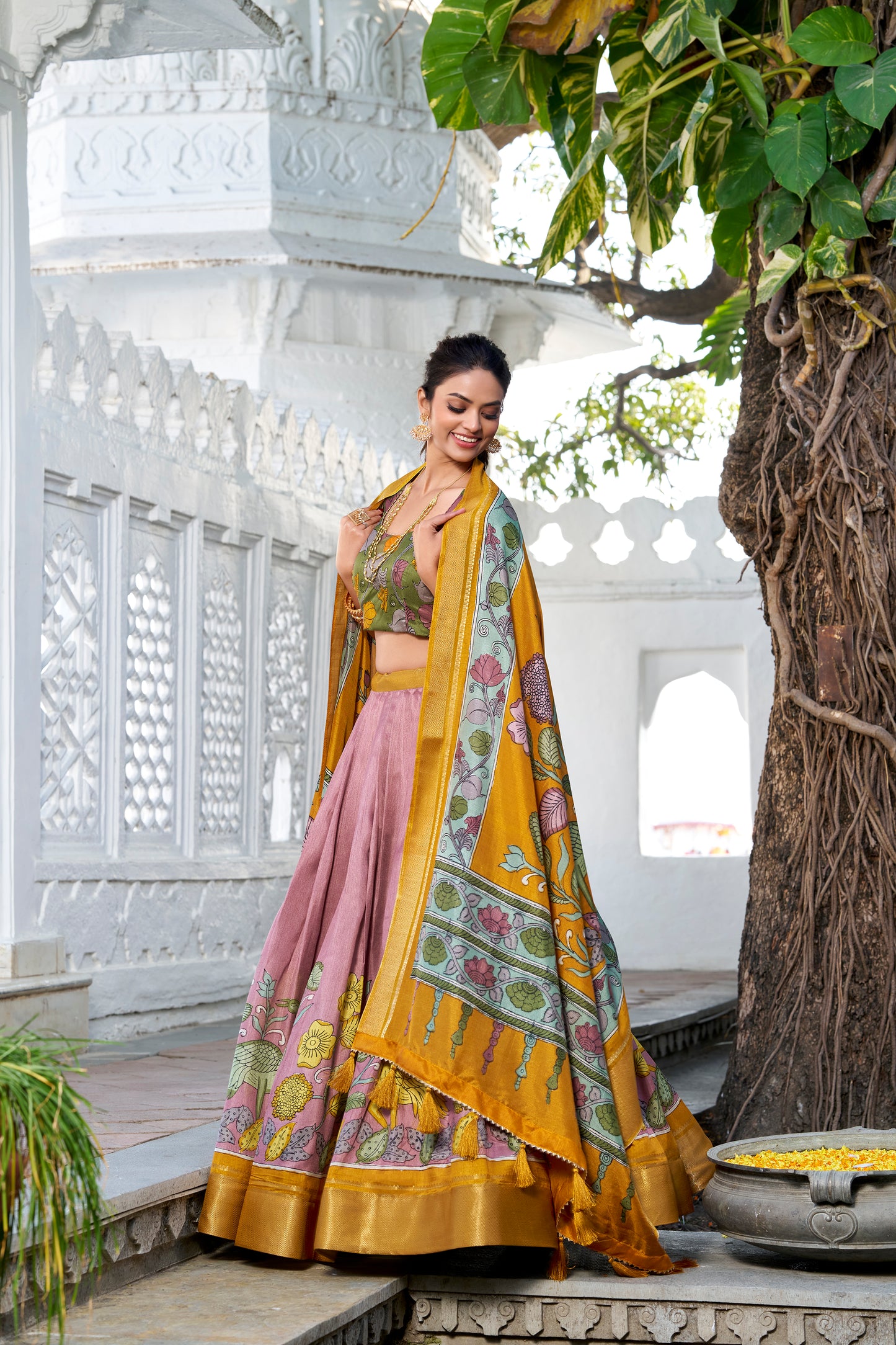 Doli - Kalamkari Print Dola Silk Onion Pink Multicolor Lehenga Set