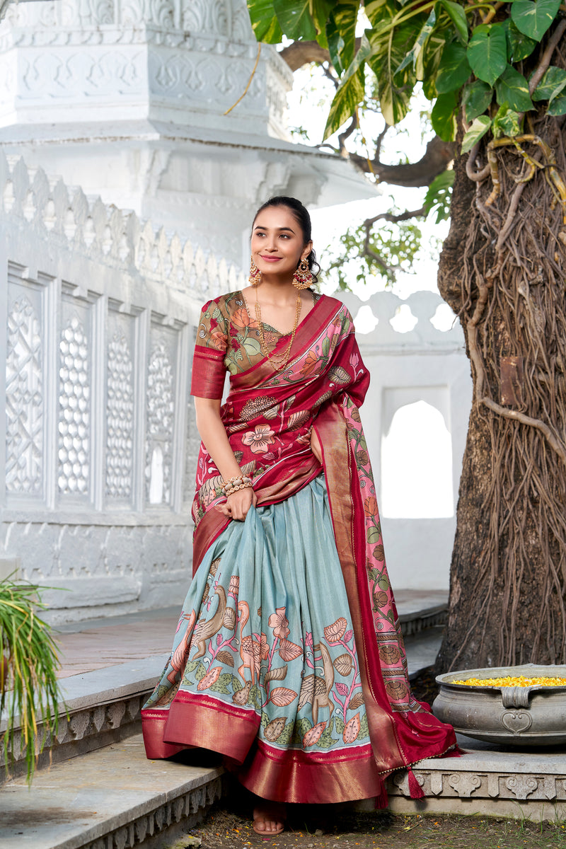 Doli - Kalamkari Print Dola Silk Powder Blue Lehenga Set - JMS Studio
