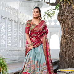 Doli - Kalamkari Print Dola Silk Powder Blue Lehenga Set - JMS Studio