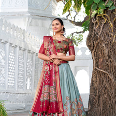Doli - Kalamkari Print Dola Silk Powder Blue Lehenga Set - JMS Studio