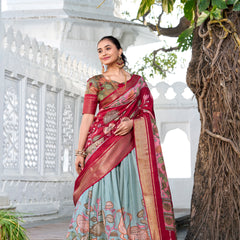 Doli - Kalamkari Print Dola Silk Powder Blue Lehenga Set - JMS Studio