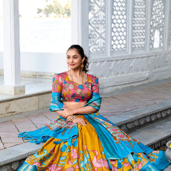 Doli - Kalamkari Print Dola Silk Yellow Blue Lehenga Set - JMS Studio